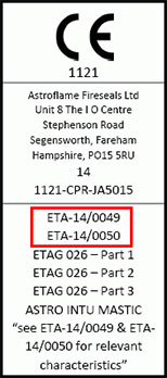 CE ETA Label example on Asroflame EU fire products